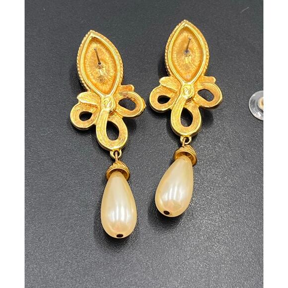 Swarovski Swan Vintage Crystal Teardrop Faux Pearl Gold Plated Dangle Earrings - Picture 6 of 8